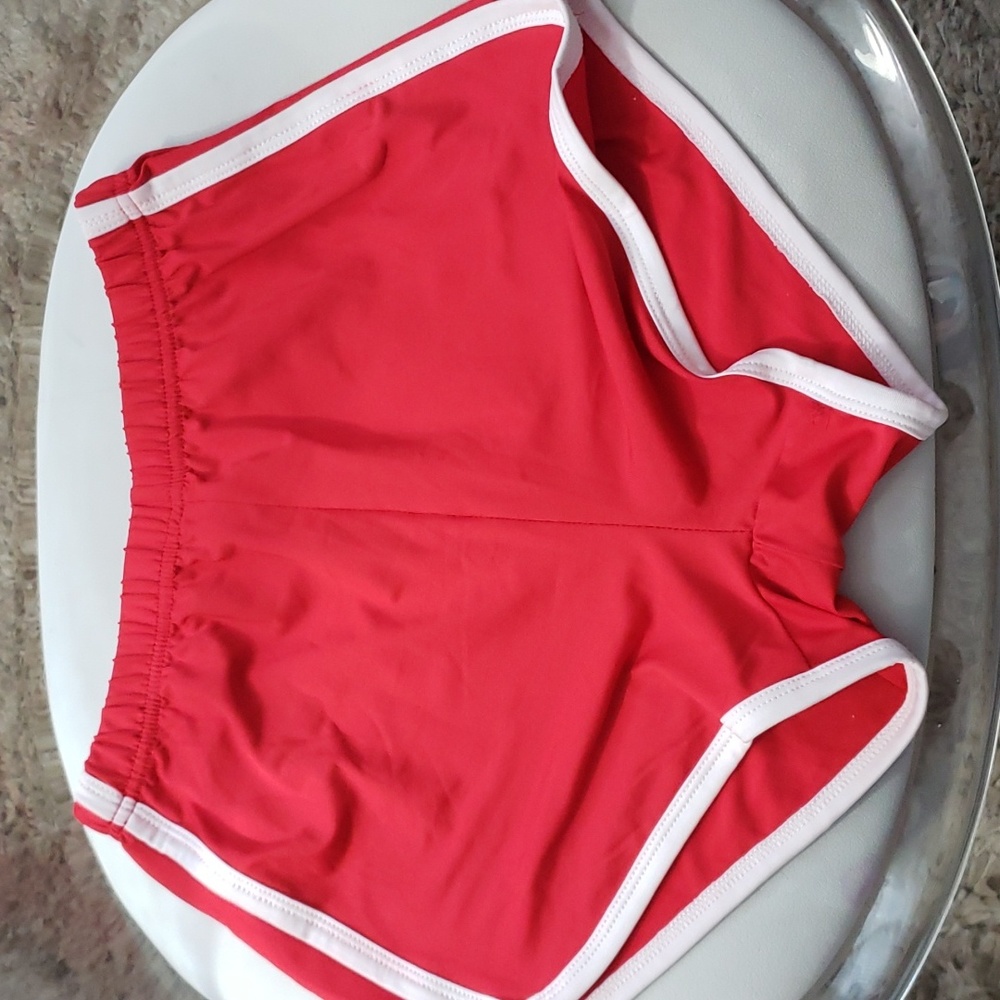 Red 70s track shorts